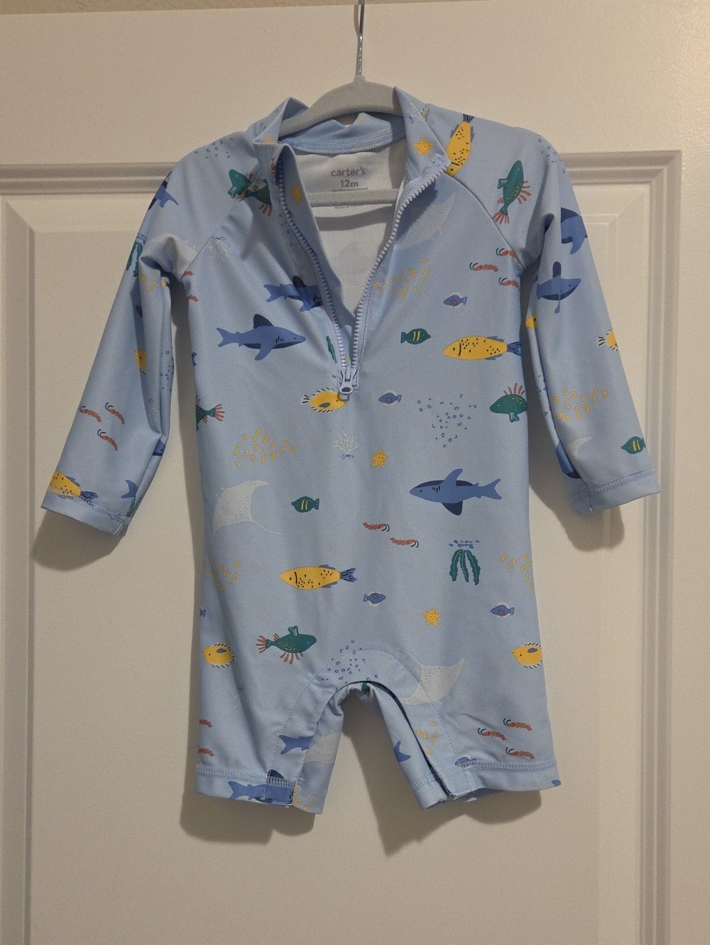 Carter's Light Blue Ocean Print Zip-Front Kids One-Piece swim Rashguard